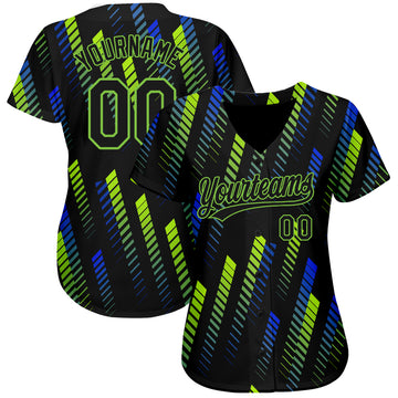 Custom Black Black Neon Green-Royal 3D Pattern Design Authentic Baseball Jersey