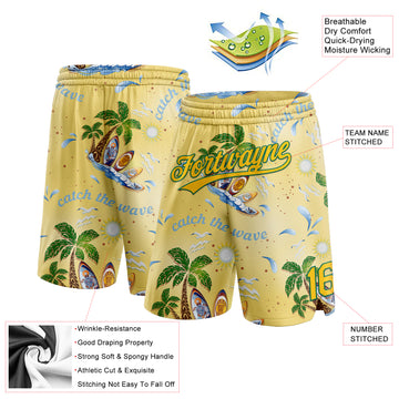 Custom Yellow Kelly Green 3D Pattern Tropical Beach Hawaii Palm Trees Authentic Basketball Shorts