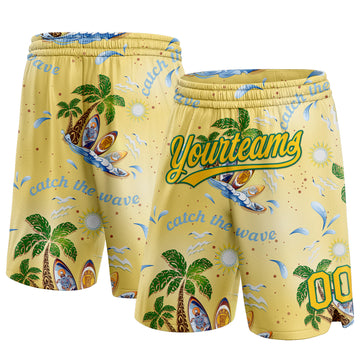 Custom Yellow Kelly Green 3D Pattern Tropical Beach Hawaii Palm Trees Authentic Basketball Shorts