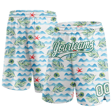 Custom White Kelly Green 3D Pattern Beach Holiday Style Authentic Basketball Shorts