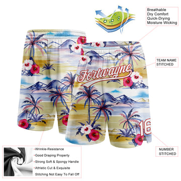 Custom White Red 3D Pattern Tropical Hawaii Palm Trees Authentic Basketball Shorts
