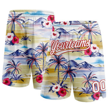 Custom White Red 3D Pattern Tropical Hawaii Palm Trees Authentic Basketball Shorts