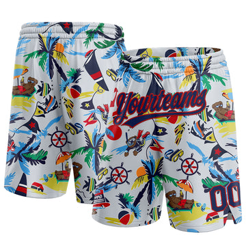 Custom White Navy-Red 3D Pattern Beach Hawaii Palm Trees Authentic Basketball Shorts