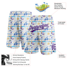 Laden Sie das Bild in den Galerie-Viewer, Custom White Purple 3D Pattern Starfishs And Sea Wave Authentic Basketball Shorts
