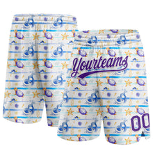 Laden Sie das Bild in den Galerie-Viewer, Custom White Purple 3D Pattern Starfishs And Sea Wave Authentic Basketball Shorts
