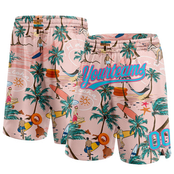 Custom Light Pink Lakes Blue-Pink 3D Pattern Beach Hawaii Holiday Style Authentic Basketball Shorts