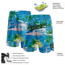 Laden Sie das Bild in den Galerie-Viewer, Custom Sky Blue Black-Grass Green 3D Pattern Hawaii Palm Trees And Island Authentic Basketball Shorts

