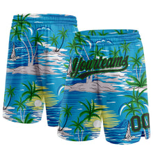 Laden Sie das Bild in den Galerie-Viewer, Custom Sky Blue Black-Grass Green 3D Pattern Hawaii Palm Trees And Island Authentic Basketball Shorts
