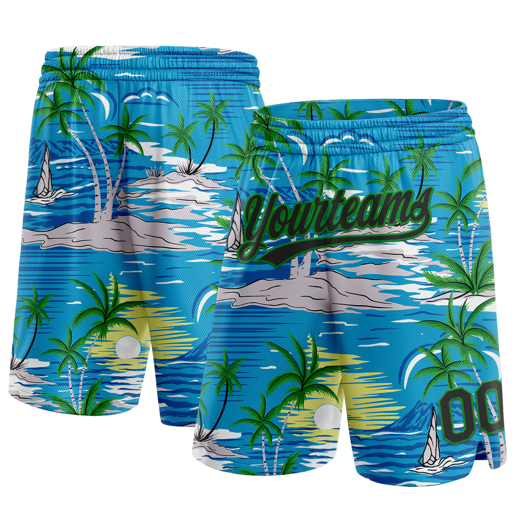 Custom Sky Blue Black-Grass Green 3D Pattern Hawaii Palm Trees And Island Authentic Basketball Shorts