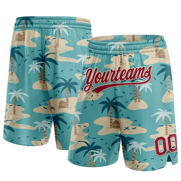 Custom Panther Blue Maroon-City Cream 3D Pattern Beach Hawaii Palm Trees Authentic Basketball Shorts