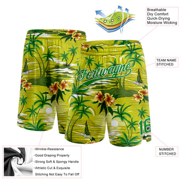 Custom Neon Green Grass Green-White 3D Pattern Tropical Hawaii Palm Trees Authentic Basketball Shorts