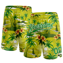 Laden Sie das Bild in den Galerie-Viewer, Custom Neon Green Grass Green-White 3D Pattern Tropical Hawaii Palm Trees Authentic Basketball Shorts
