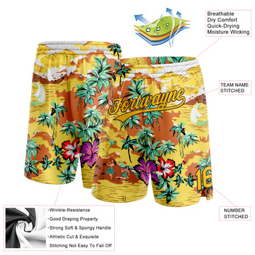 Custom Yellow Brown 3D Pattern Tropical Hawaii Palm Trees Authentic Basketball Shorts