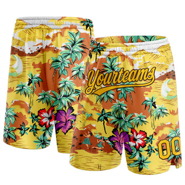 Custom Yellow Brown 3D Pattern Tropical Hawaii Palm Trees Authentic Basketball Shorts