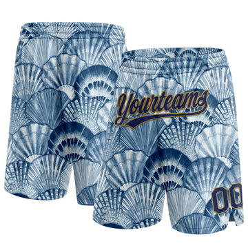 Custom Light Blue Navy-Old Gold 3D Pattern Shells Authentic Basketball Shorts