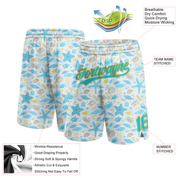 Custom White Lakes Blue-Gold 3D Pattern Starfishs And Shells Authentic Basketball Shorts