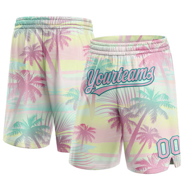 Custom Pink Light Pink-Teal 3D Pattern Hawaii Palm Trees Authentic Basketball Shorts