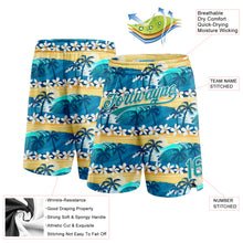 Load image into Gallery viewer, Custom Teal Gold 3D Pattern Hawaii Palm Trees And Flowers Authentic Basketball Shorts

