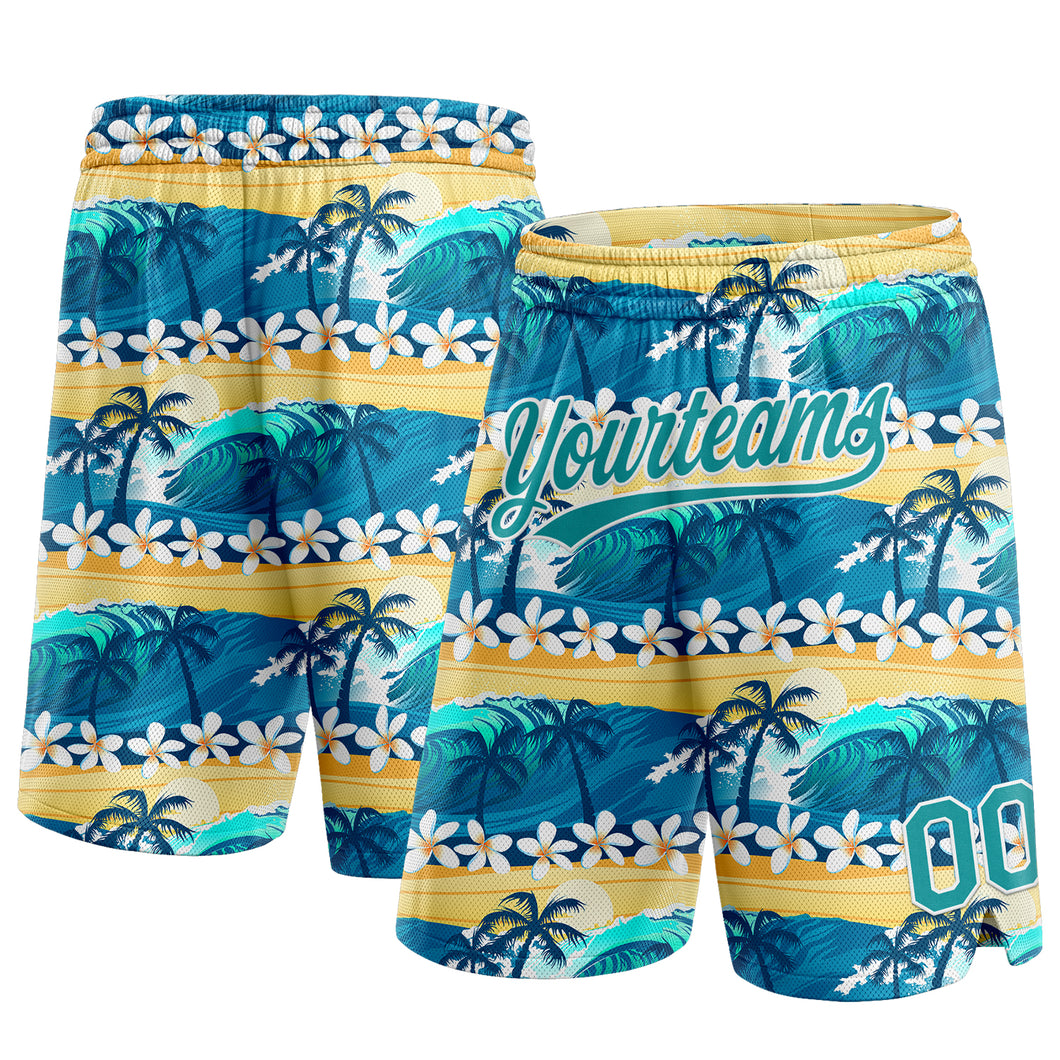 Custom Teal Gold 3D Pattern Hawaii Palm Trees And Flowers Authentic Basketball Shorts