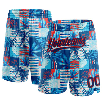 Custom Royal Navy Red-Light Blue 3D Pattern Hawaii Palm Trees Authentic Basketball Shorts