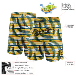 Custom Black Yellow-Midnight Green 3D Pattern Hawaii Palm Leaves Authentic Basketball Shorts