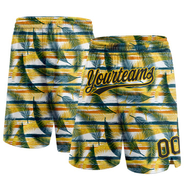 Custom Black Yellow-Midnight Green 3D Pattern Hawaii Palm Leaves Authentic Basketball Shorts