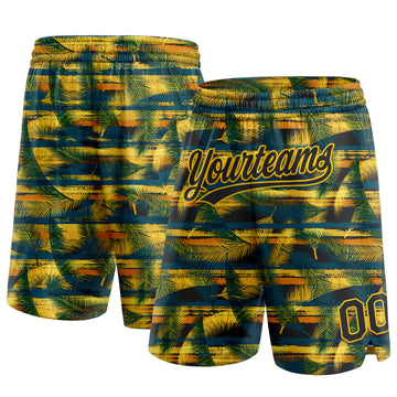 Custom Midnight Green Black-Yellow 3D Pattern Hawaii Palm Leaves Authentic Basketball Shorts