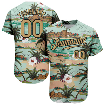 Custom Aqua Old Gold-Black 3D Pattern Design Hawaii Palm Trees And Flowers Authentic Baseball Jersey