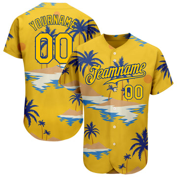 Custom Yellow Royal 3D Pattern Design Sun Beach Hawaii Palm Trees Authentic Baseball Jersey