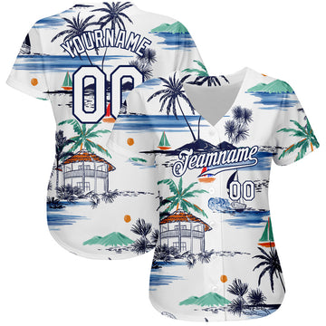 Custom White Navy 3D Pattern Design Hawaii Palm Trees Island And Sailboat Authentic Baseball Jersey