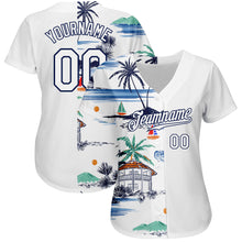 Загрузить изображение в средство просмотра галереи, Custom White Navy 3D Pattern Design Hawaii Palm Trees Island And Sailboat Authentic Baseball Jersey
