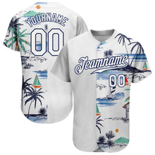 Загрузить изображение в средство просмотра галереи, Custom White Navy 3D Pattern Design Hawaii Palm Trees Island And Sailboat Authentic Baseball Jersey

