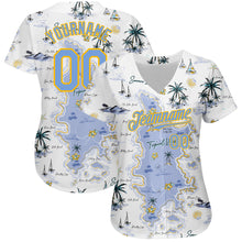 Загрузить изображение в средство просмотра галереи, Custom White Light Blue-Yellow 3D Pattern Design Beach Hawaii Palm Trees And Island Authentic Baseball Jersey
