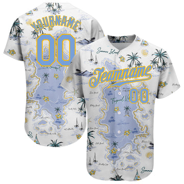 Custom White Light Blue-Yellow 3D Pattern Design Beach Hawaii Palm Trees And Island Authentic Baseball Jersey