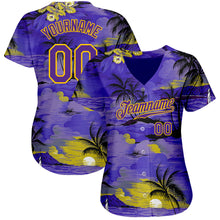 Laden Sie das Bild in den Galerie-Viewer, Custom Purple Yellow 3D Pattern Design Sun Beach Hawaii Palm Trees Authentic Baseball Jersey
