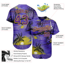 Laden Sie das Bild in den Galerie-Viewer, Custom Purple Yellow 3D Pattern Design Sun Beach Hawaii Palm Trees Authentic Baseball Jersey
