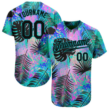 Custom Teal Black 3D Pattern Design Hawaii Palm Leaves Authentic Baseball Jersey