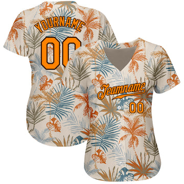 Custom Cream Bay Orange-Brown 3D Pattern Design Hawaii Palm Leaves Authentic Baseball Jersey