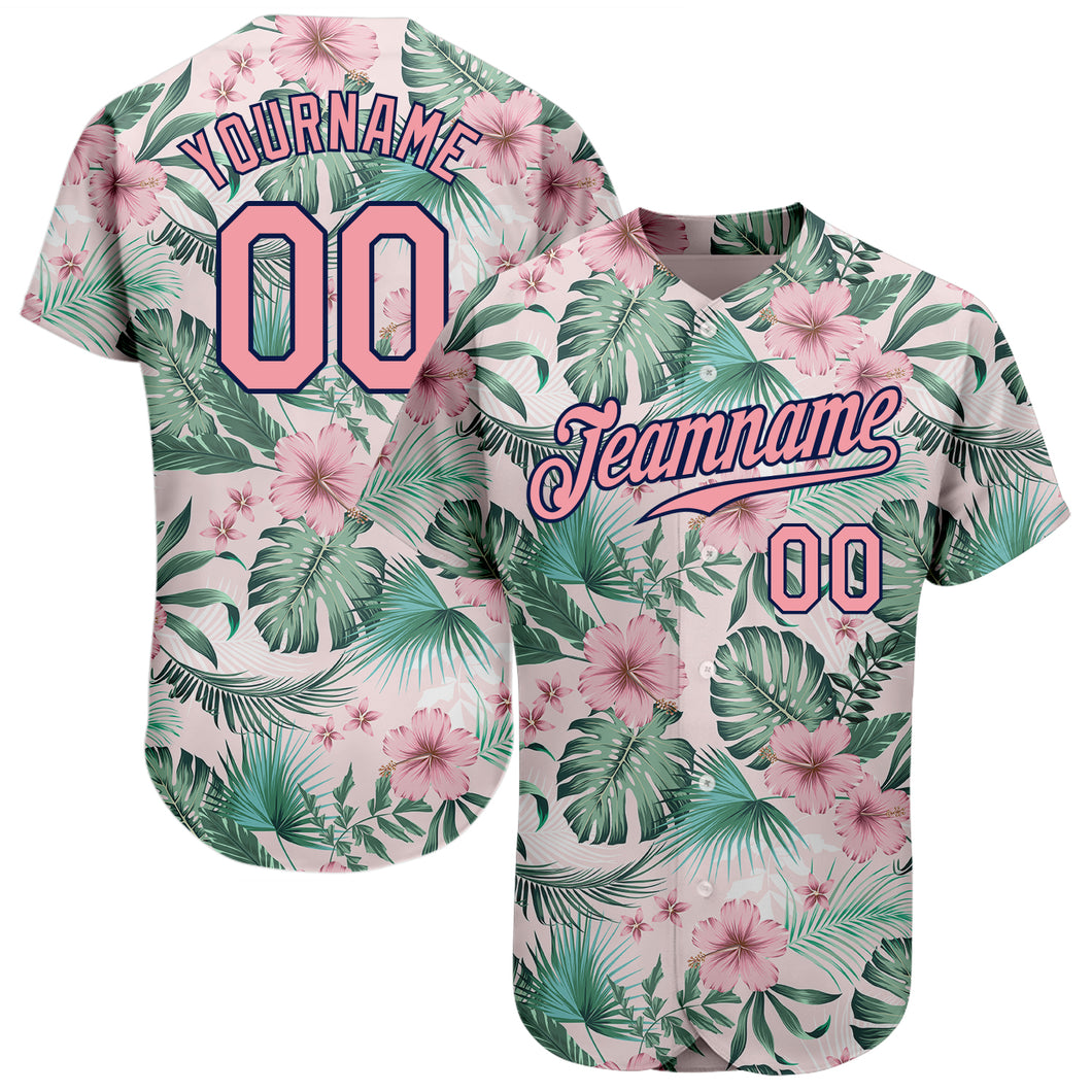 Custom White Medium Pink-Navy 3D Pattern Design Hawaii Palm Leaves And Flowers Authentic Baseball Jersey