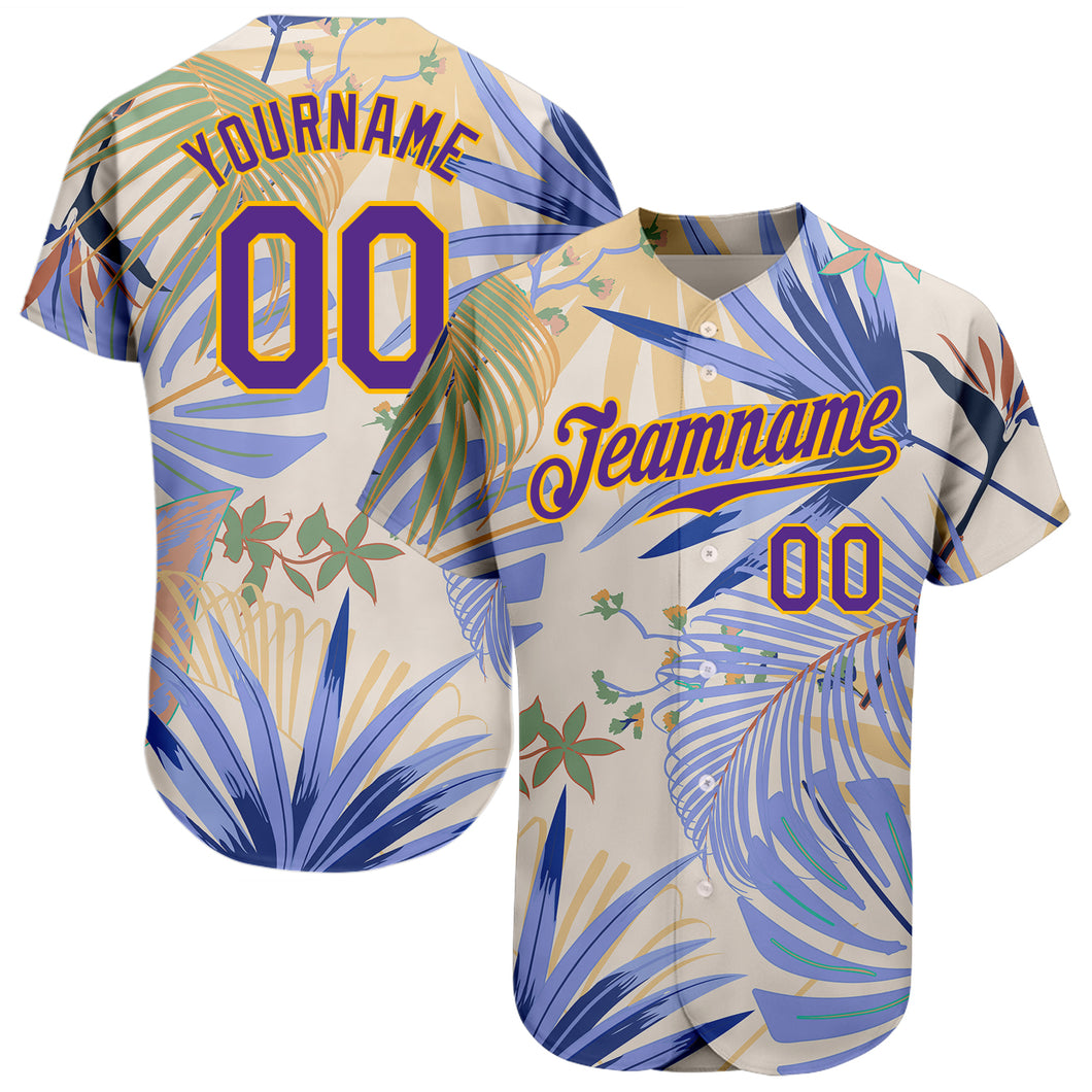 Custom White Purple-Gold 3D Pattern Design Hawaii Palm Leaves And Flowers Authentic Baseball Jersey