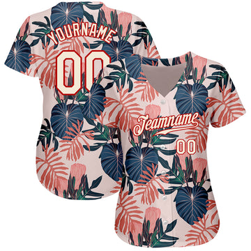 Custom Cream Red 3D Pattern Design Hawaii Palm Leaves And Flowers Authentic Baseball Jersey