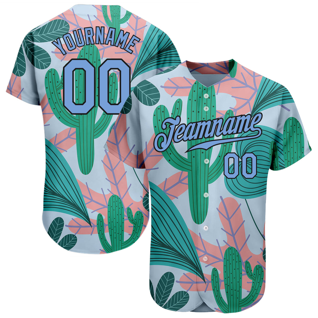 Custom Sky Blue Light Blue-Black 3D Pattern Design Cactus And Leaves Authentic Baseball Jersey