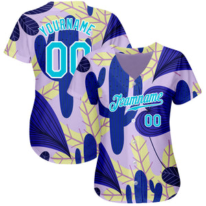 Custom Purple Lakes Blue-White 3D Pattern Design Cactus And Leaves Authentic Baseball Jersey