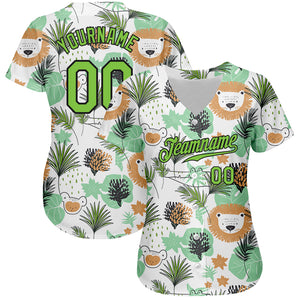 Custom White Neon Green-Black 3D Pattern Design Hawaii Palm Leaves And Lions Authentic Baseball Jersey