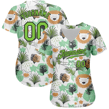 Custom White Neon Green-Black 3D Pattern Design Hawaii Palm Leaves And Lions Authentic Baseball Jersey