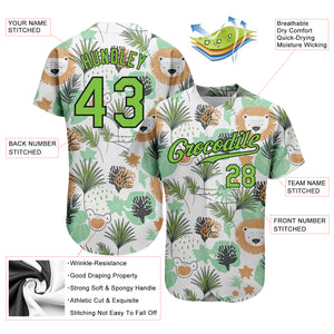 Custom White Neon Green-Black 3D Pattern Design Hawaii Palm Leaves And Lions Authentic Baseball Jersey