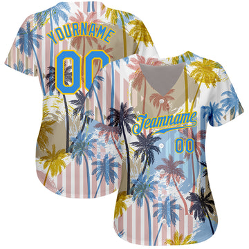 Custom White Electric Blue-Yellow 3D Pattern Design Hawaii Coconut Palms Authentic Baseball Jersey