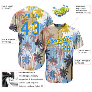 Custom White Electric Blue-Yellow 3D Pattern Design Hawaii Coconut Palms Authentic Baseball Jersey