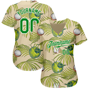 Custom Cream Grass Green-White 3D Pattern Design Coconuts And Leaves Authentic Baseball Jersey