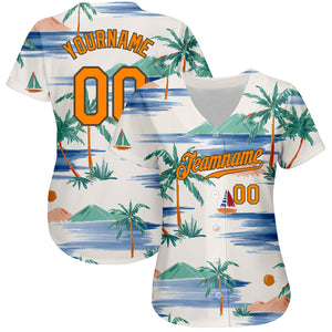 Custom White Bay Orange-Olive 3D Pattern Design Beach Coconut Palms Island And Sailboat Authentic Baseball Jersey